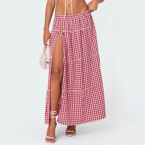Edikted Red Gingham Side Slit Tiered Maxi Skirt